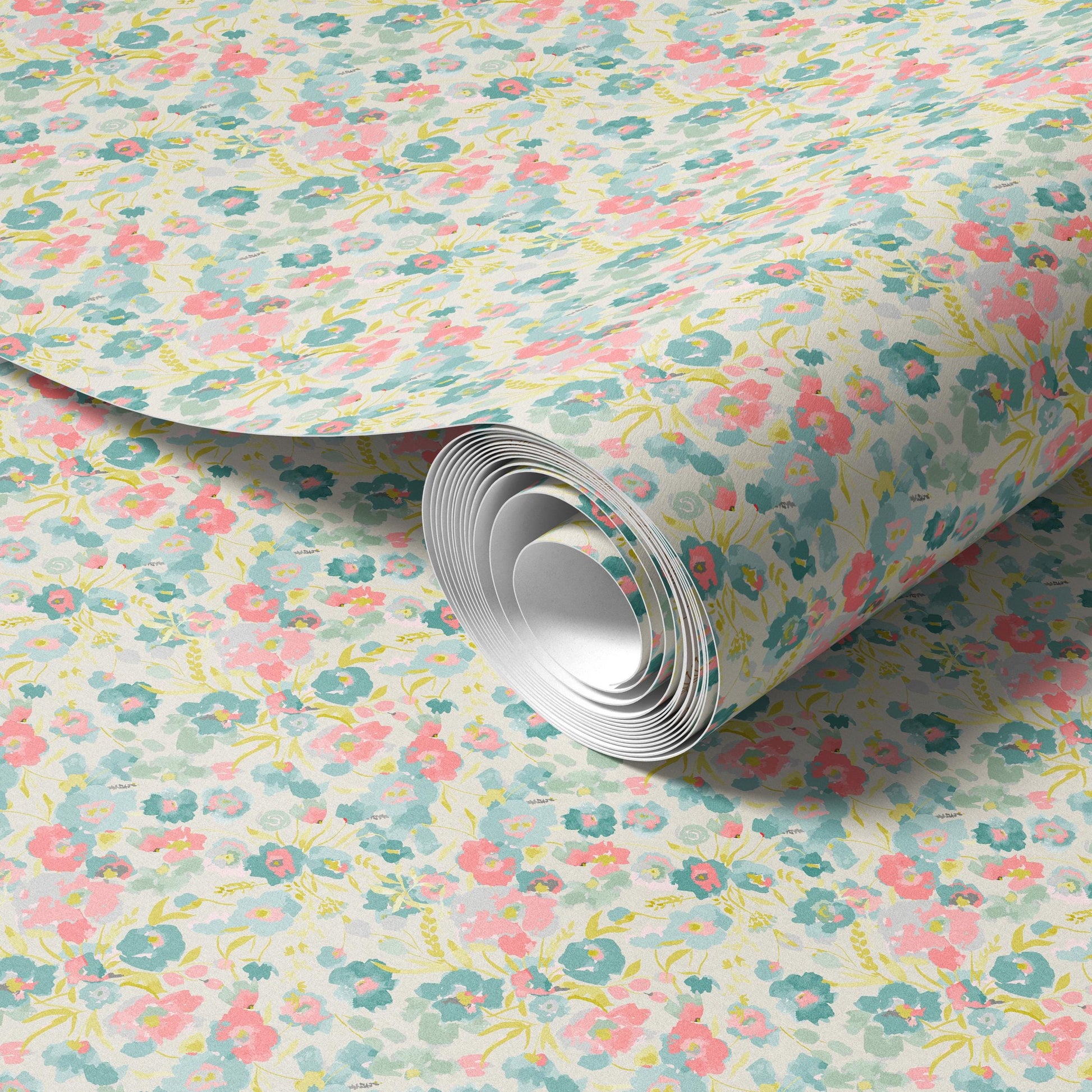 a roll of floral patterned paper or wallpaper with a repeating pattern of pink, green, and yellow flowers.