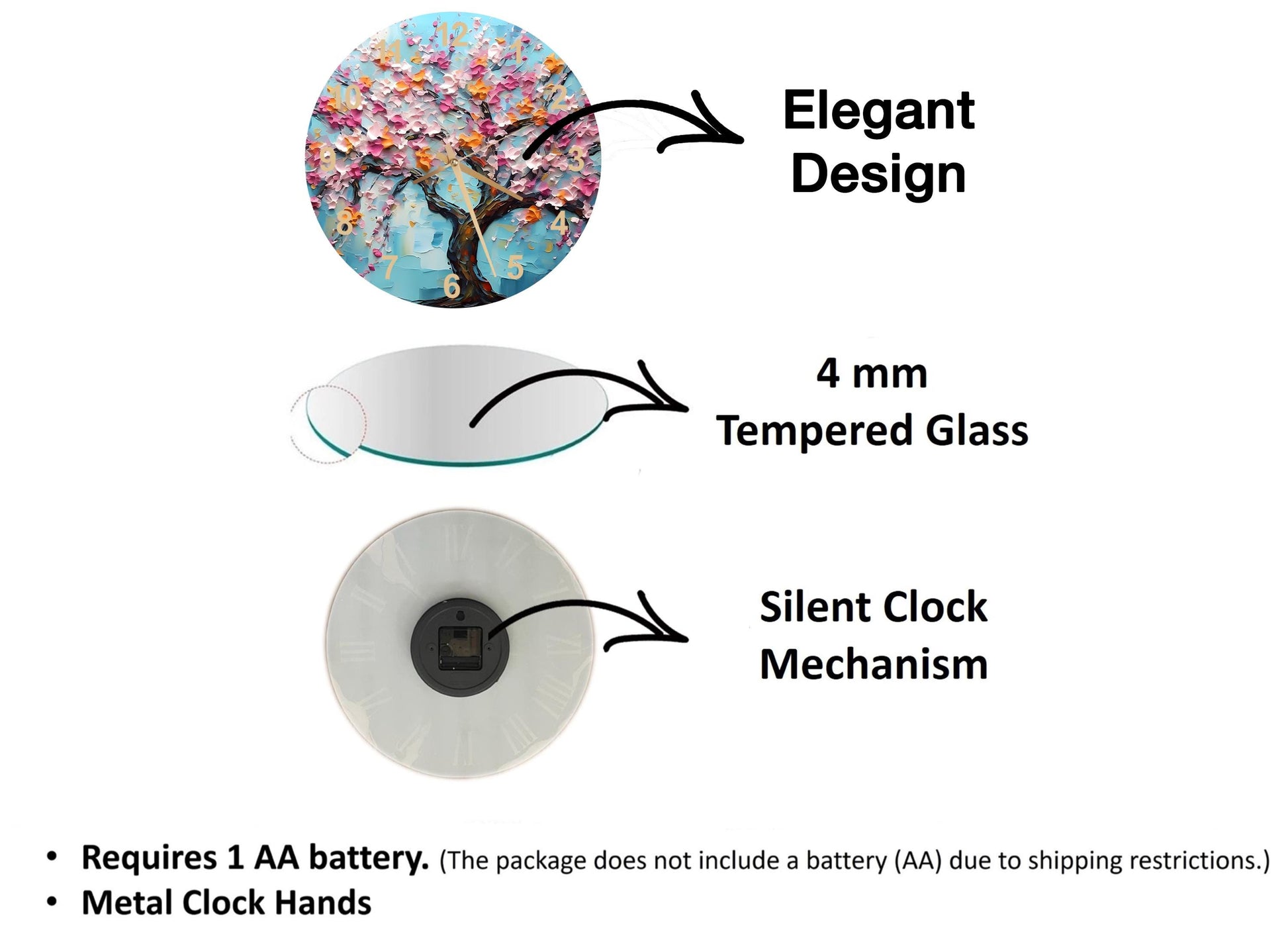 The image is a diagram that illustrates the features of a clock, including the type of glass used, the mechanism, and the battery requirements.
