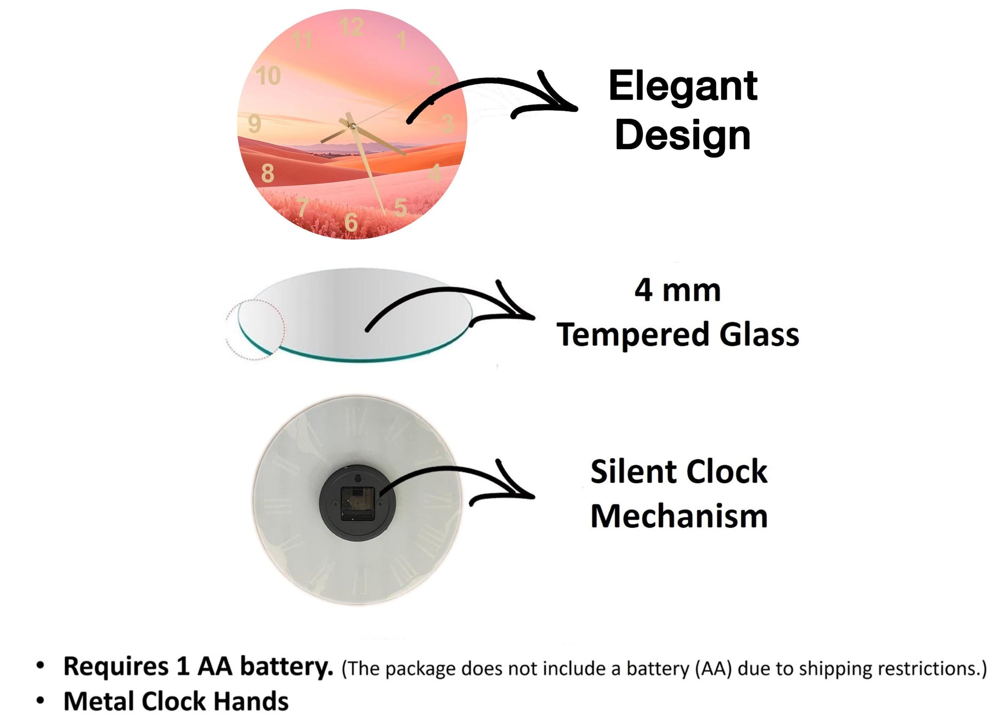 The image is a diagram that illustrates the features of a clock, including its design, size, and mechanism. It shows a 4 mm Tempered Glass clock, a silent clock mechanism, and a metal clock hand. The diagram also includes text that explains the features of the clock, such as the requirement of a 1 AA battery and the absence of a battery (AA) due to shipping restrictions.