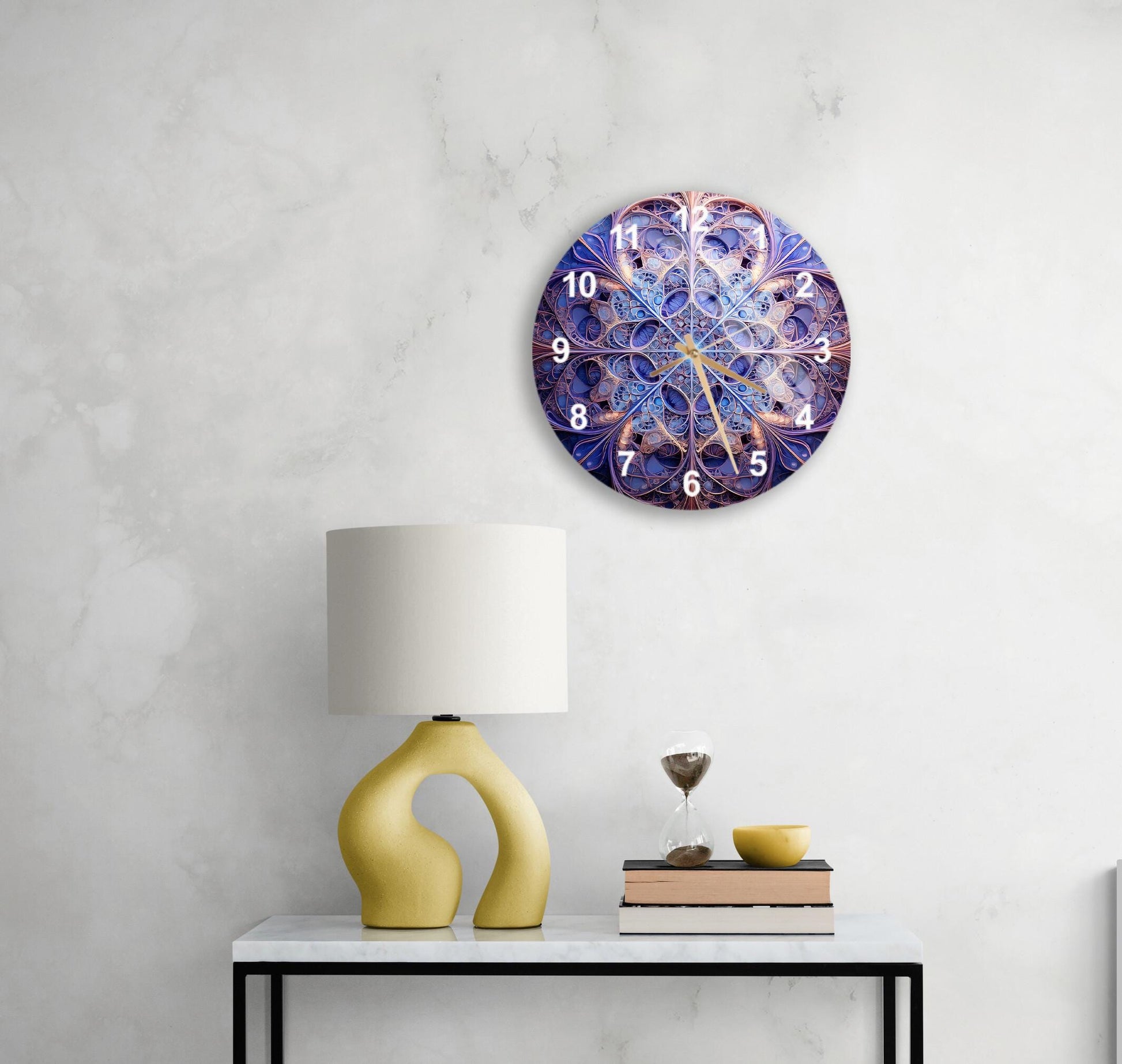 a table with a lamp and a clock on it