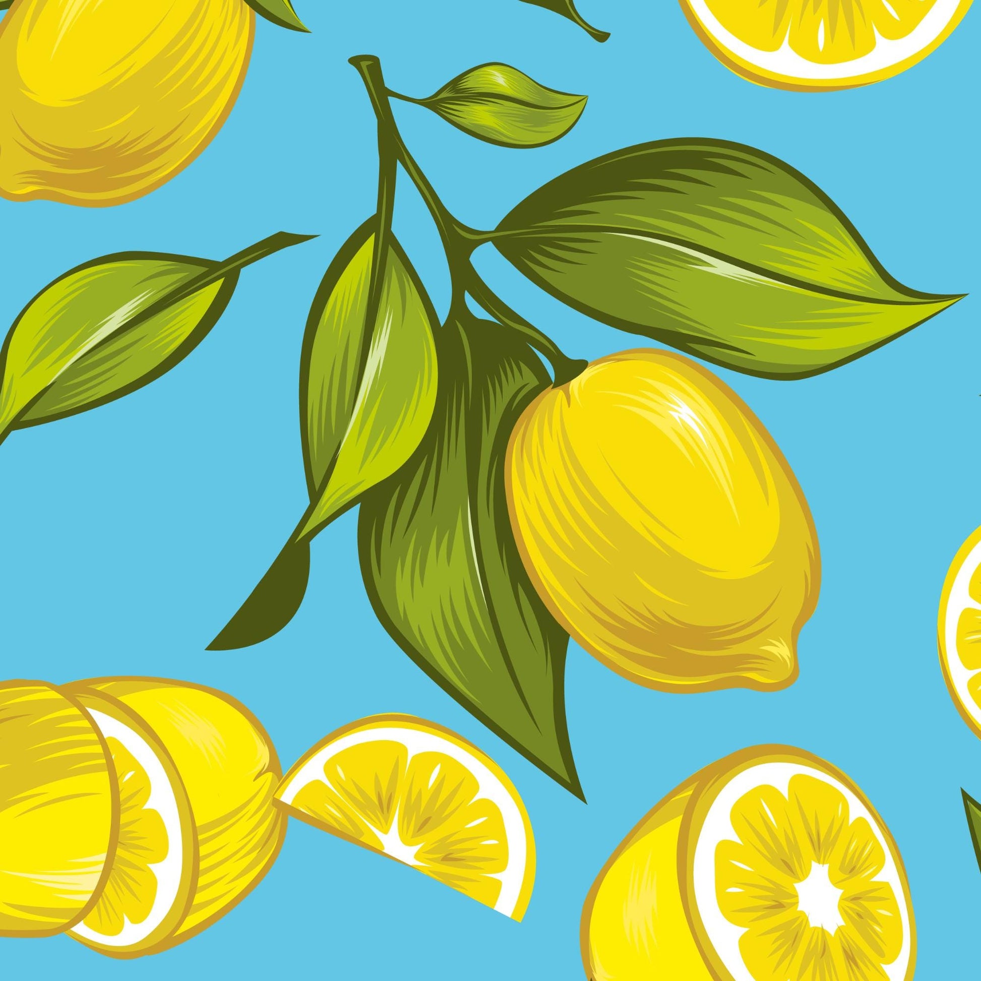 a vibrant illustration of lemons and green leaves against a bright blue background.