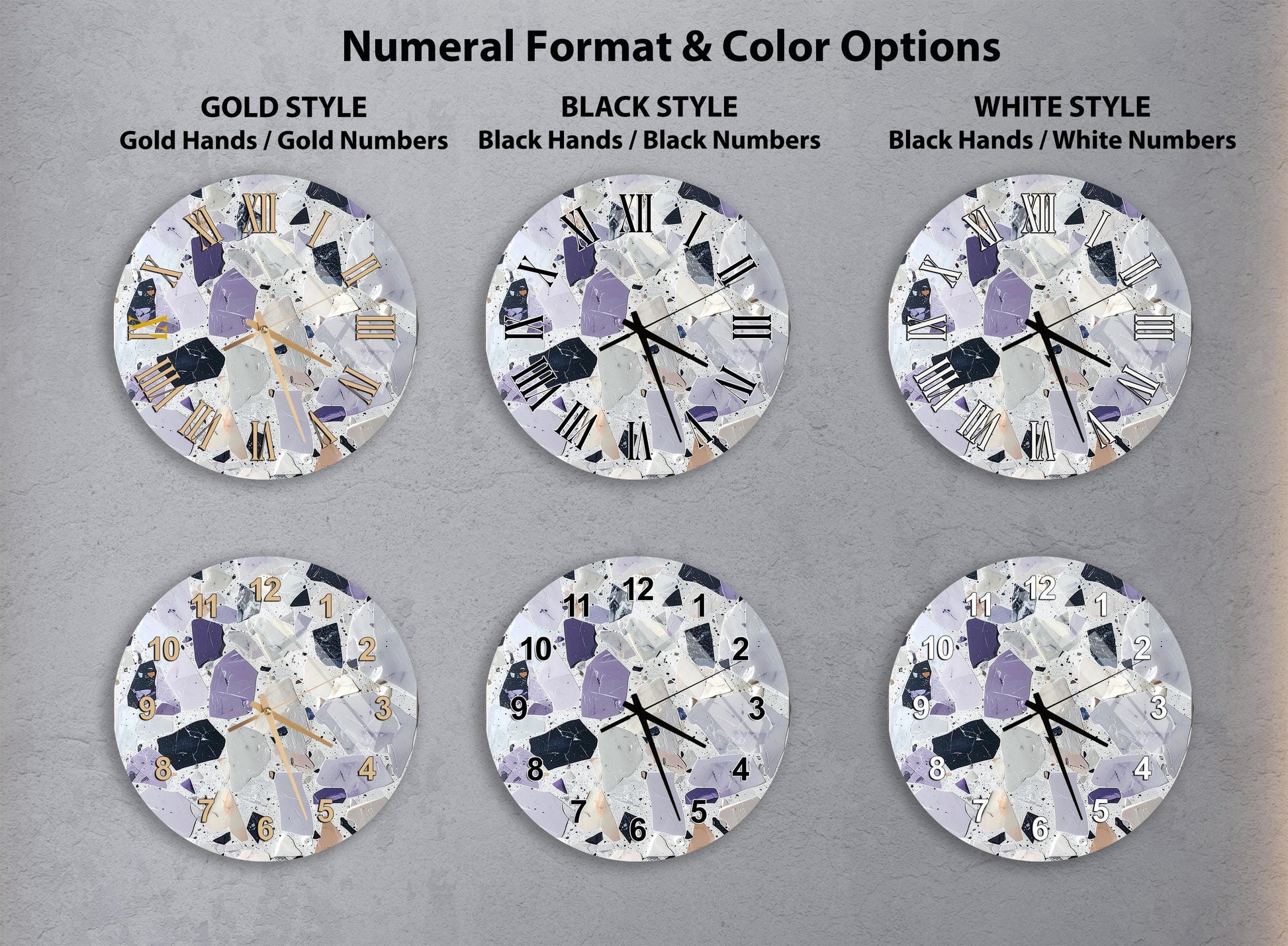 six different clock faces with various styles and color options, including gold, black, white, and black and white.