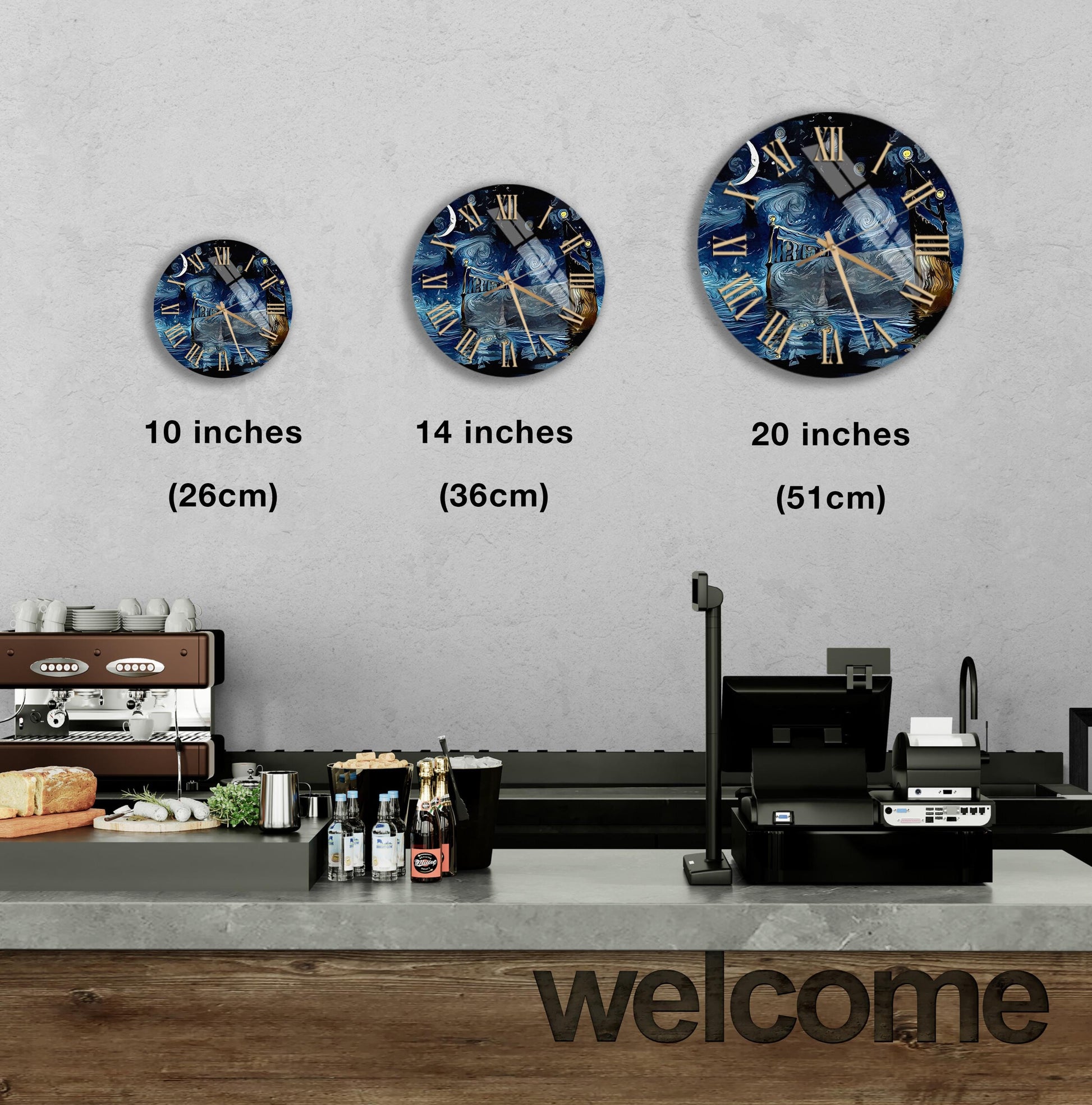 a wall with three clock faces of different sizes, each displaying a different time. Below the clock faces, there is a counter with various items such as bottles and a sandwich. The word "welcome" is written on the counter.