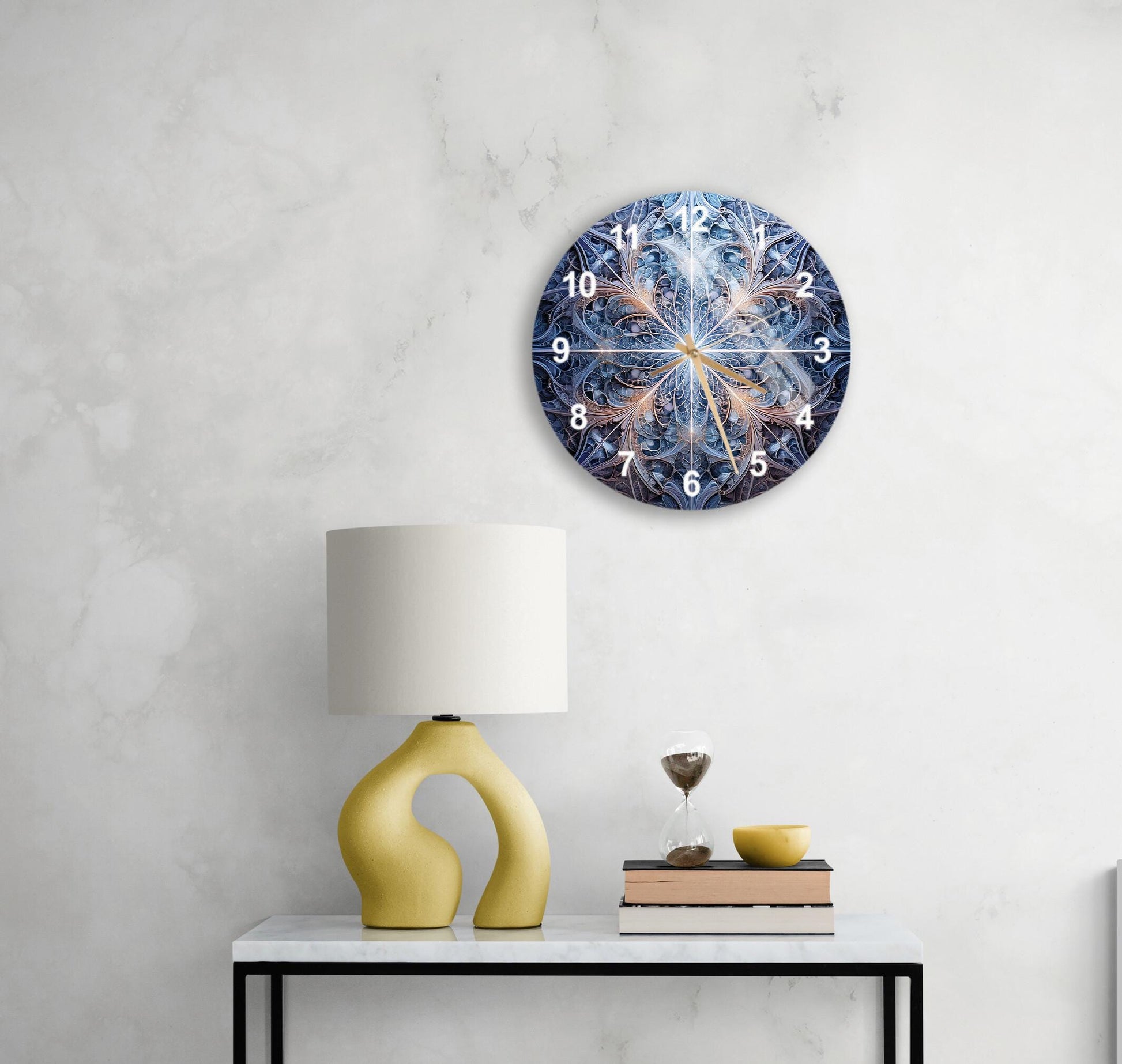 a table with a lamp and a clock on it