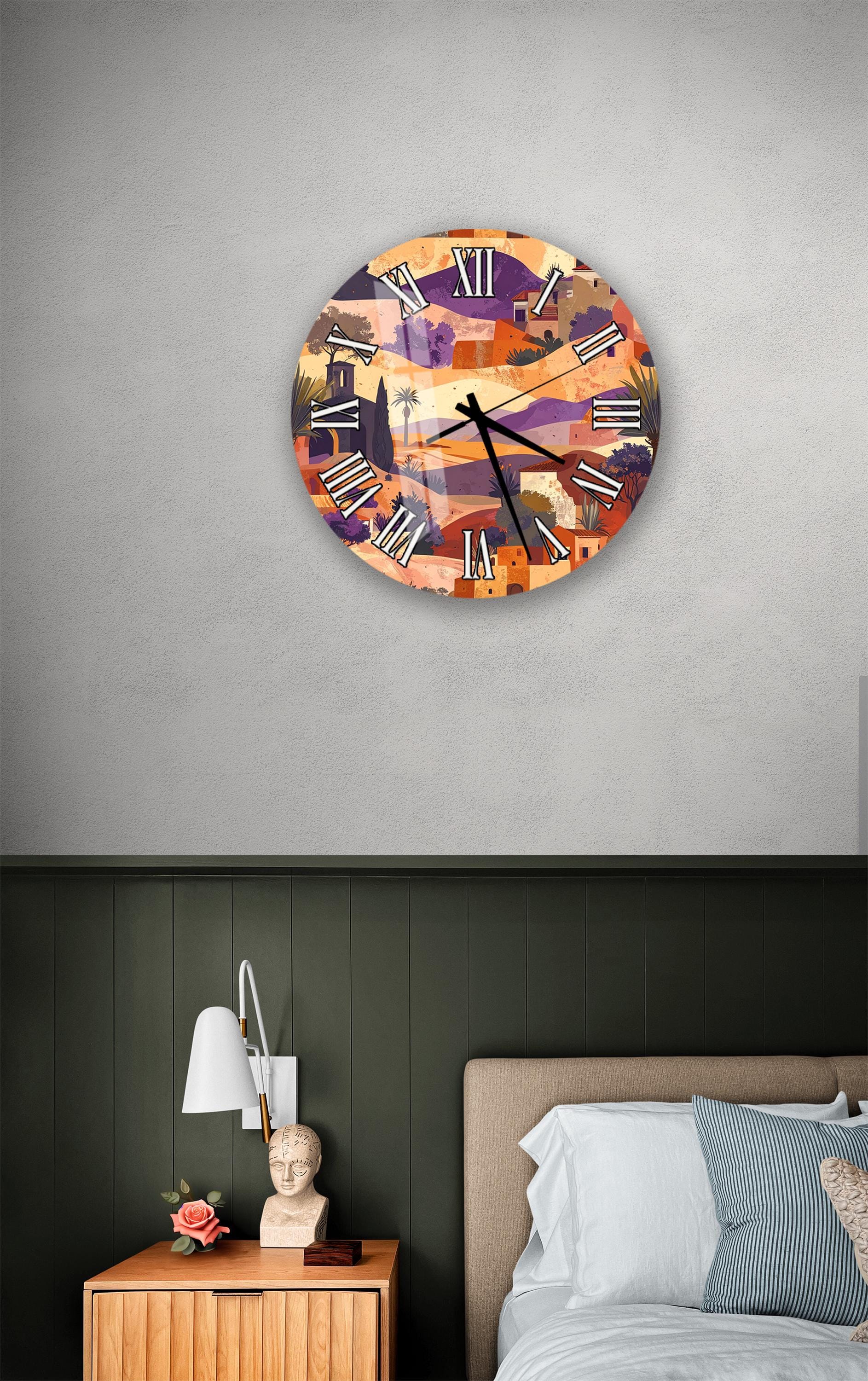 a bedroom setting with a wall clock displaying a colorful sunset scene, a wooden nightstand with a lamp, and a bed with white sheets and blue pillows.