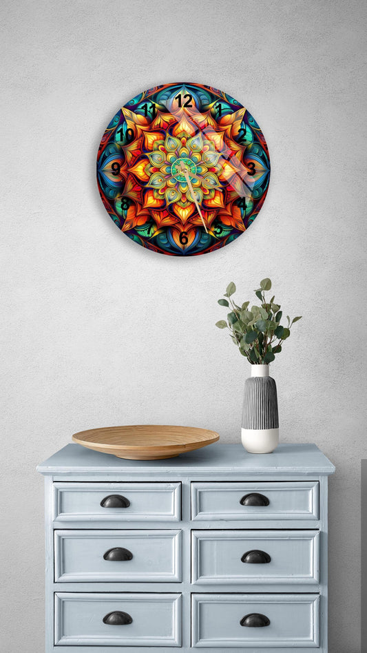 Tempered Glass Wall Clock – Modern Floral Design, Silent Mechanism, Purple Art