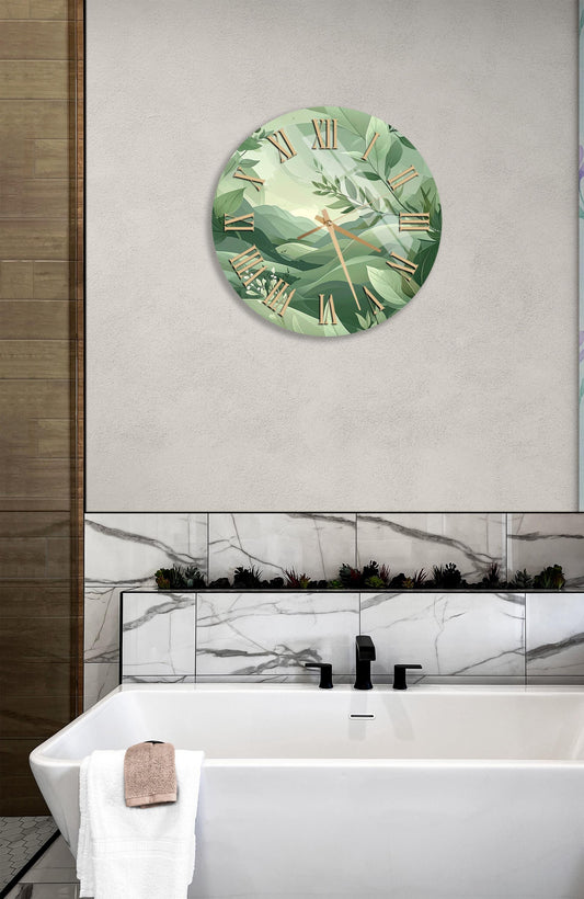 Tempered Glass Wall Clock – Green Floral Clock | Botanical Home Decor, Silent Sweep