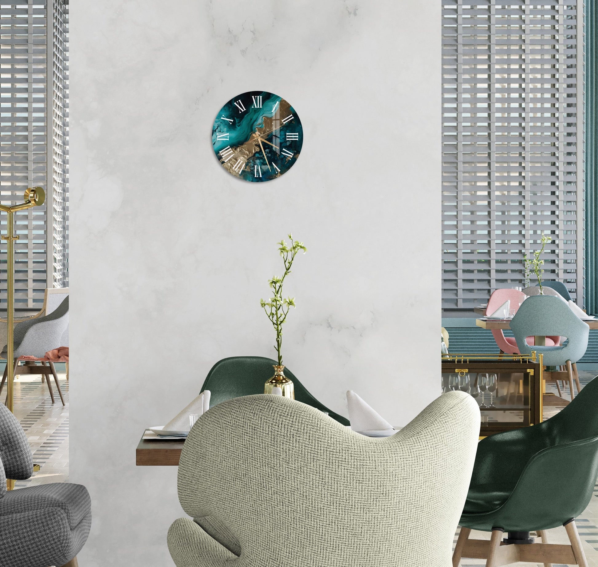 a living room with a clock on the wall