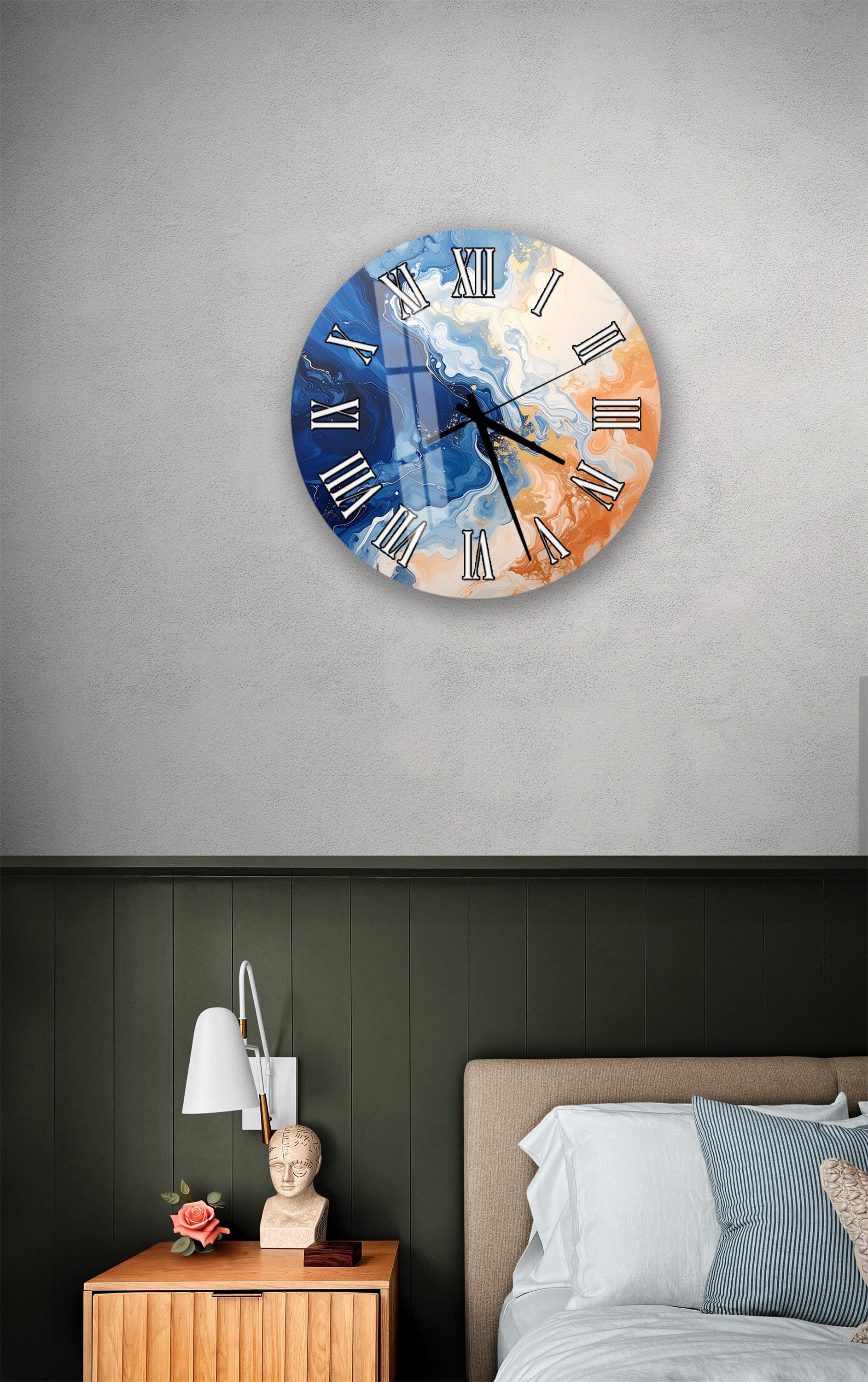 a bedroom setting with a wall clock, a nightstand, and a bed.