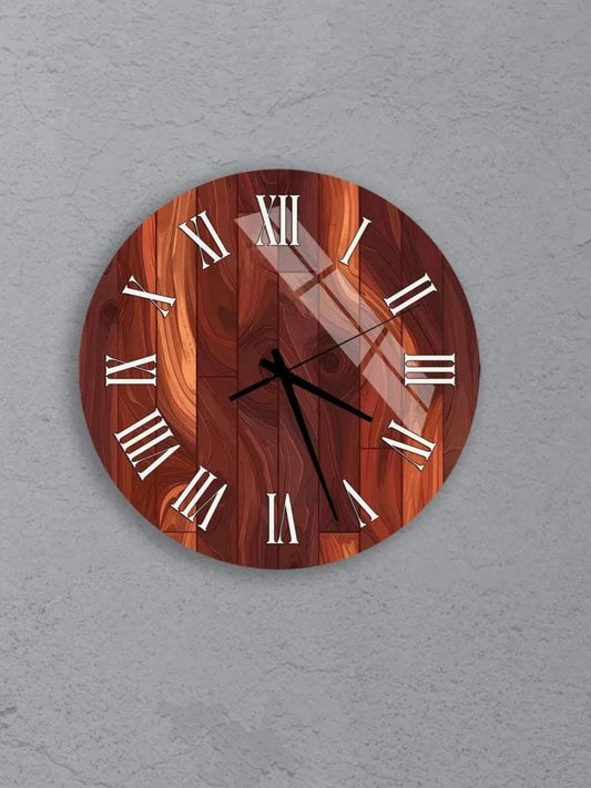 six wooden wall clocks with Roman numerals, arranged in a grid pattern on a concrete wall.