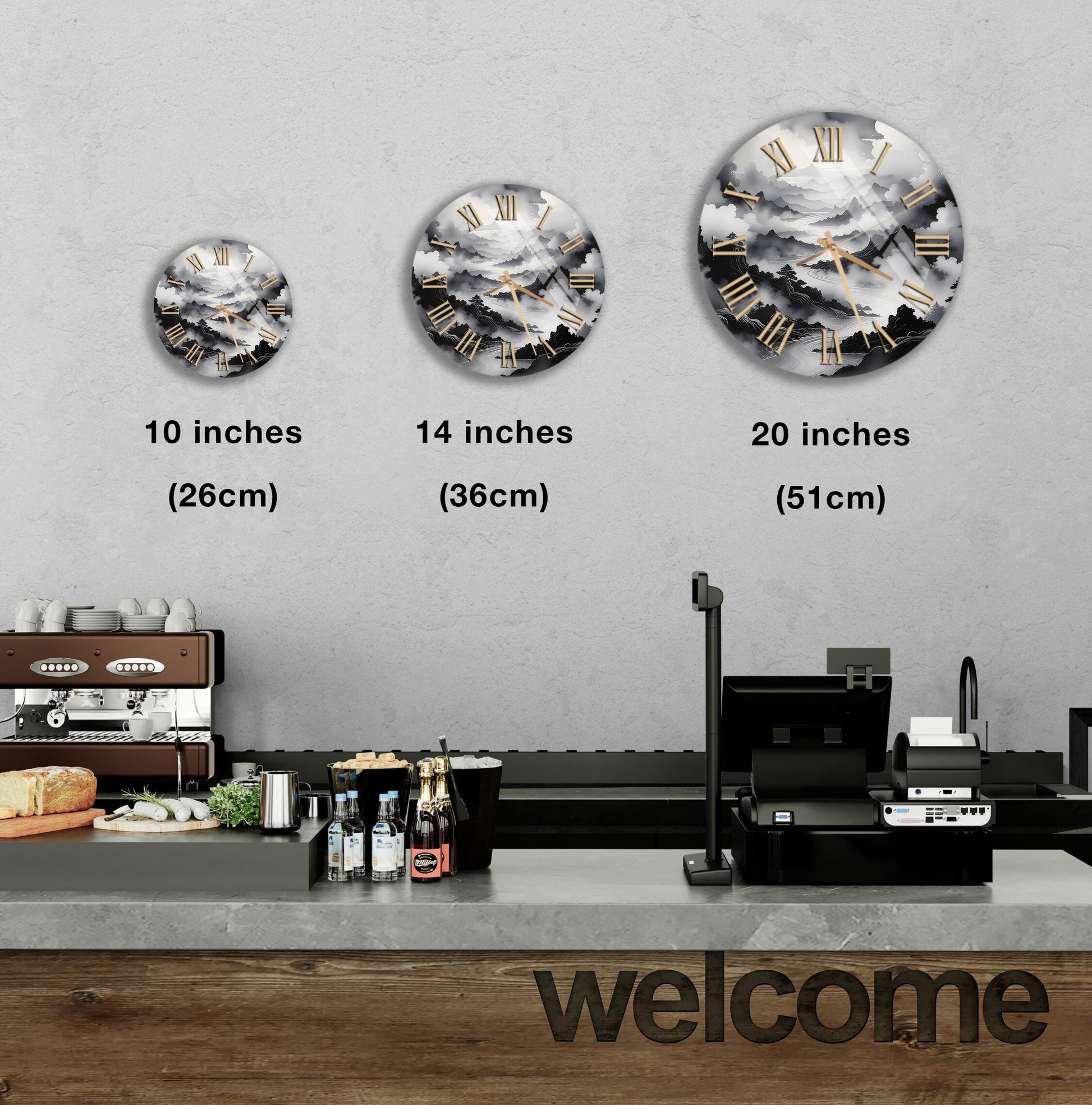 a wall with three clock faces of different sizes, each displaying a different image. Below the clock faces, there is a counter with various items such as bottles and a sandwich. The word "welcome" is written on the counter.