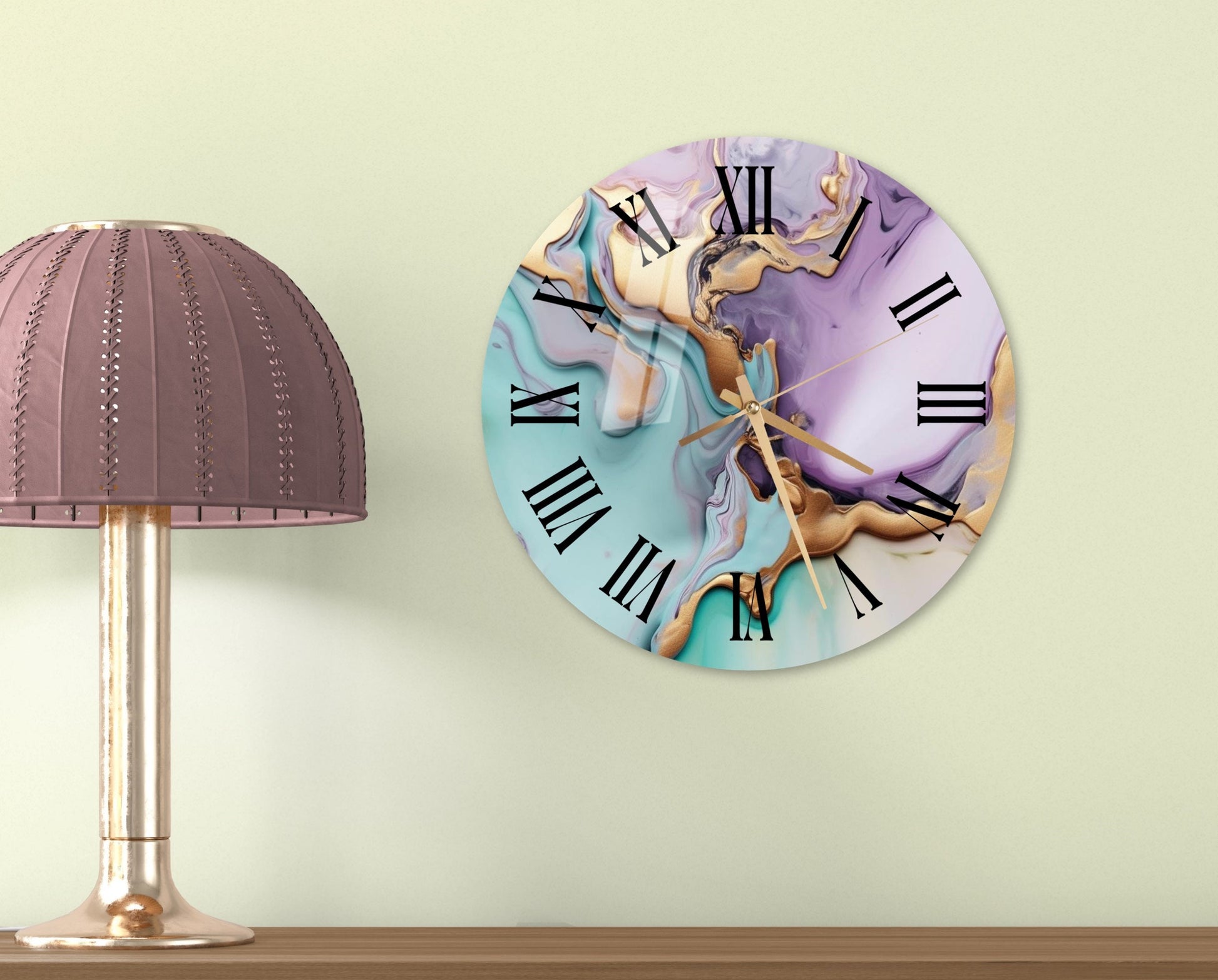 a clock on a wall next to a lamp