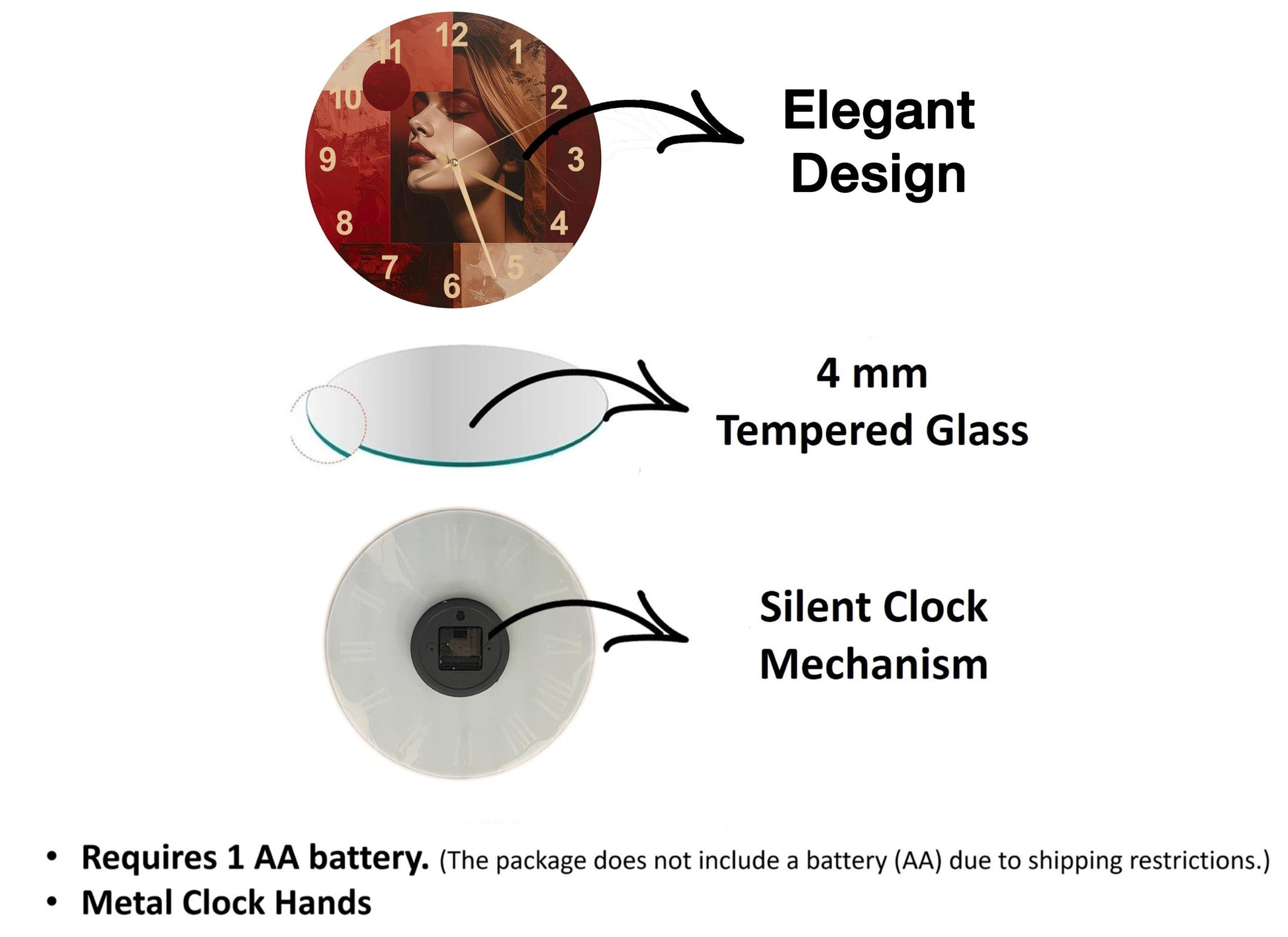 The image is a diagram that illustrates the features of a clock, including the type of glass used, the mechanism, and the battery requirements.