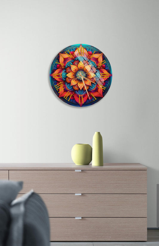 Boho Glass Wall Clock - Mandala Glass Art | Warm Toned Decor | Silent Mechanism