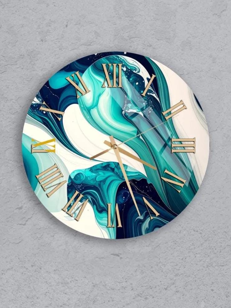 six round wall clocks with unique designs, arranged in a grid pattern on a gray background.