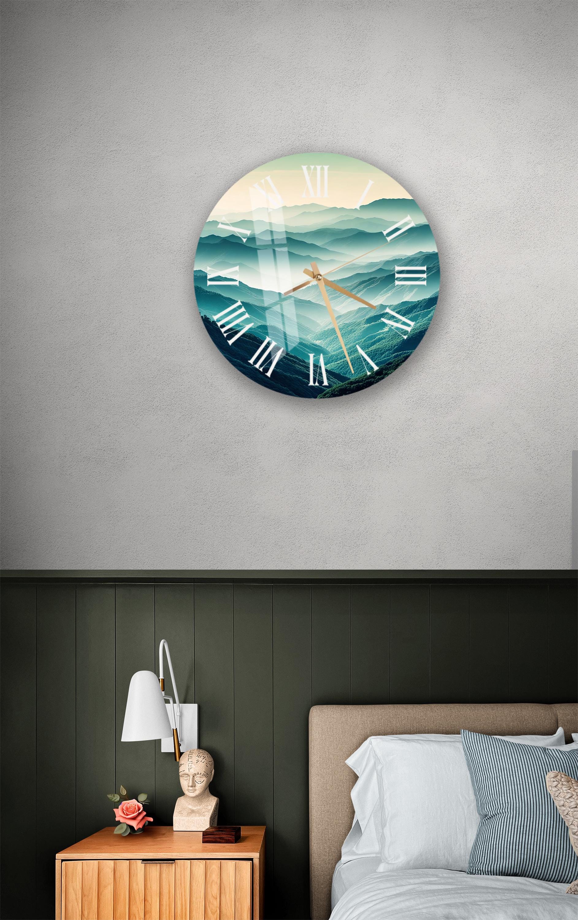 a bedroom with a bed and a clock on the wall
