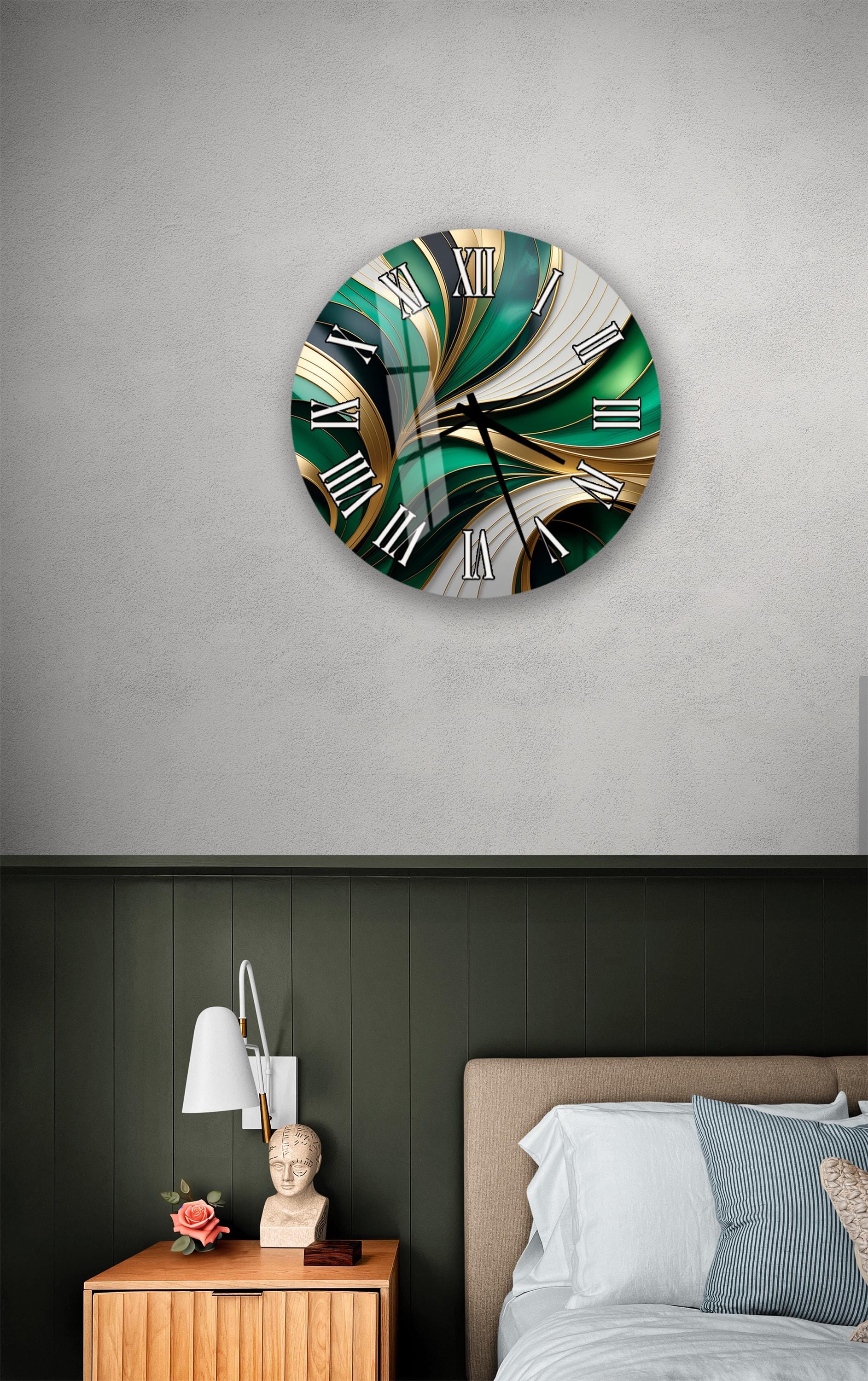 a modern bedroom with a large wall clock displaying a colorful abstract design. The clock is mounted on a gray wall above a bed with a white headboard. The room also includes a nightstand with a lamp and a small statue.