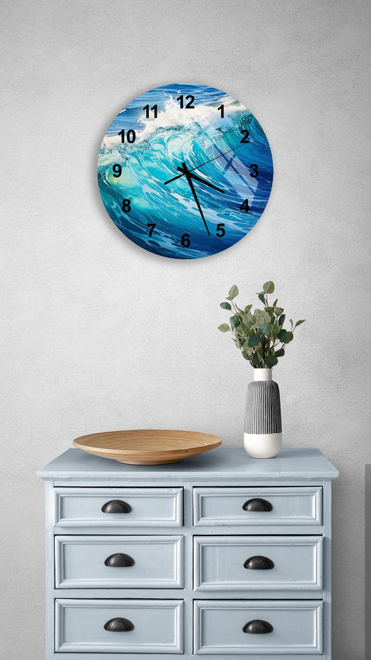 a clock on a wall above a dresser