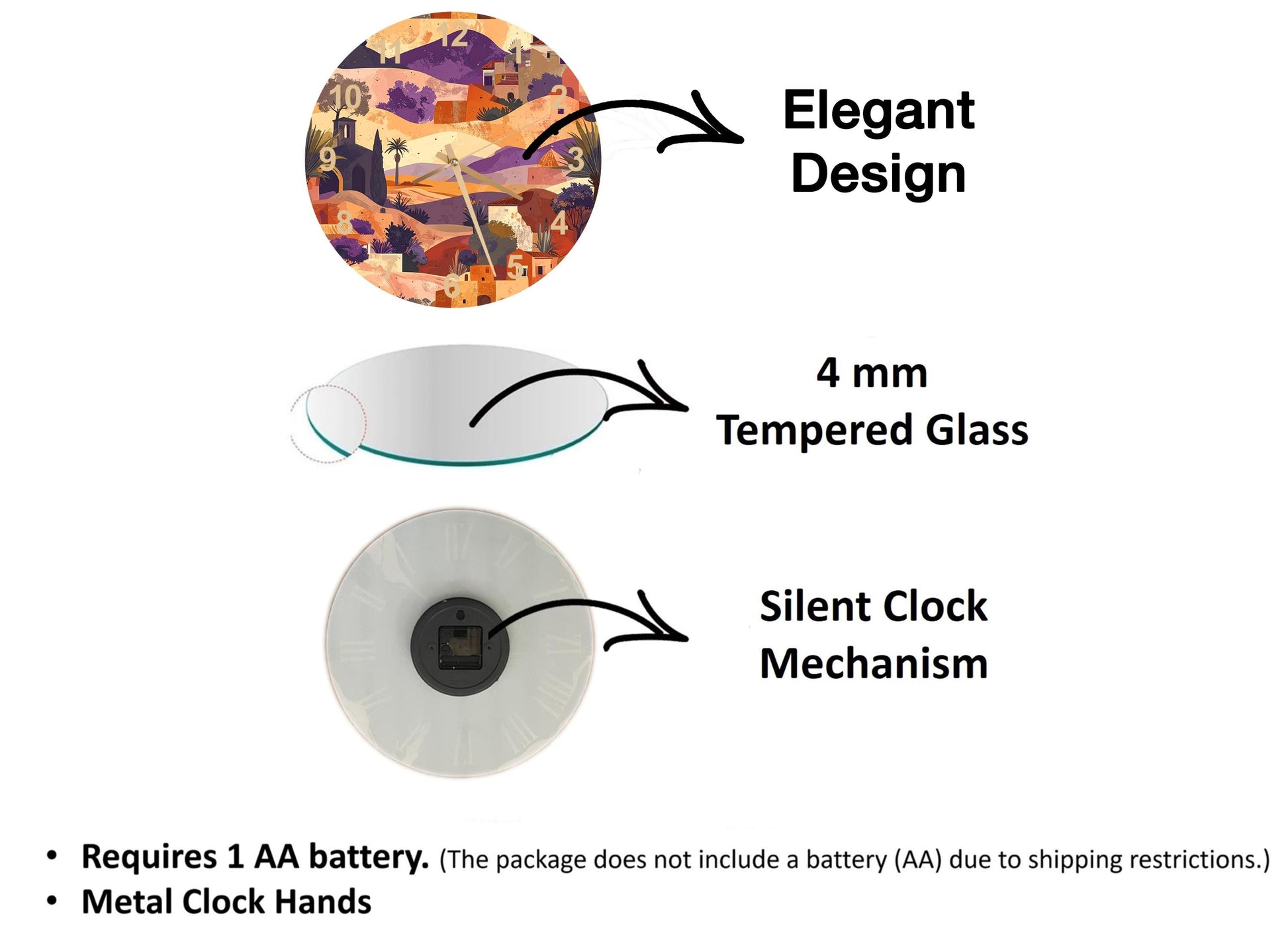 The image is a diagram that illustrates the features of a clock, including the type of glass used, the mechanism, and the battery requirements.