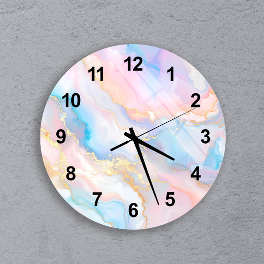 A wall clock with a marble-like design on its face, featuring numbers 1 through 12 and a black hand pointing to the 12 o'clock position.