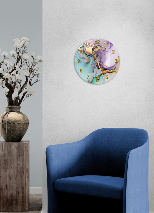 a blue chair sitting next to a clock on a wall