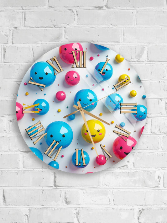six colorful, abstract wall clocks with various shapes and designs, mounted on a white brick wall.