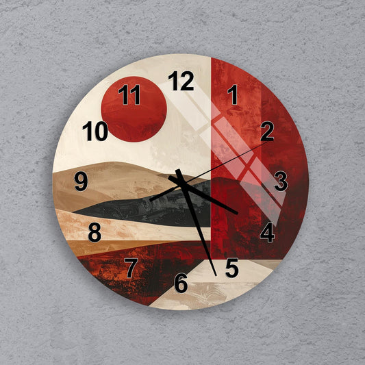 A wall clock with a red and white color scheme, featuring abstract patterns and designs.