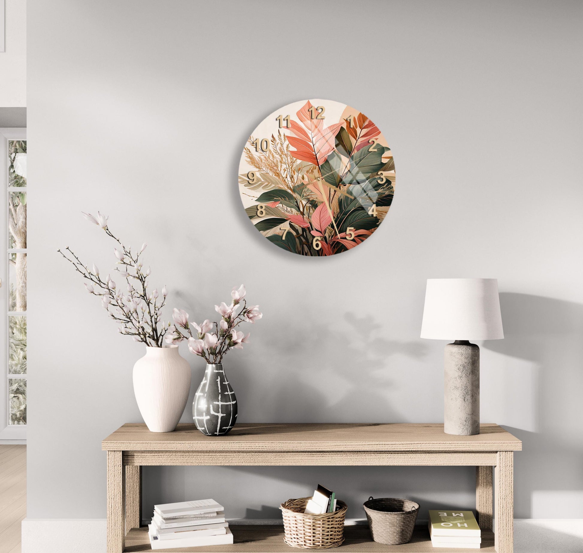 a wooden table with a vase of flowers on it