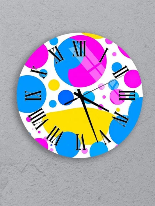six colorful clocks with various patterns and designs, including polka dots, stripes, and other abstract shapes.