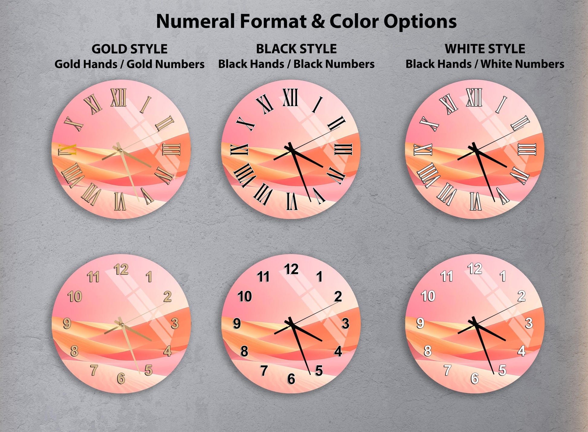 six different clock designs, each with a unique color and style, arranged in a grid format.