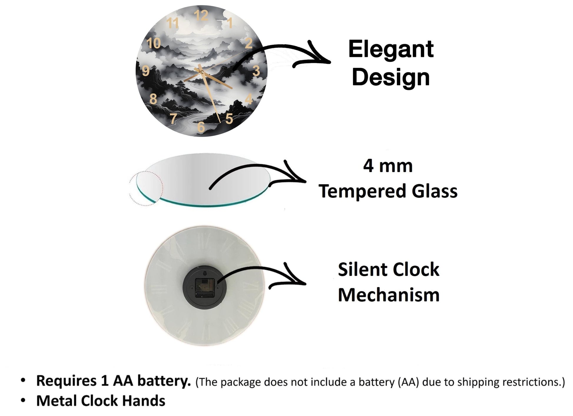 The image is a 3D rendering of a clock with a landscape scene, accompanied by text describing the clock's features and specifications.