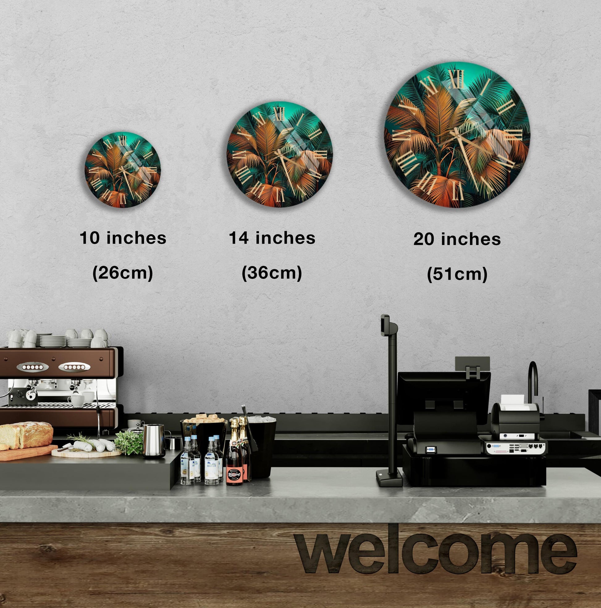 a coffee shop with three clocks on the wall