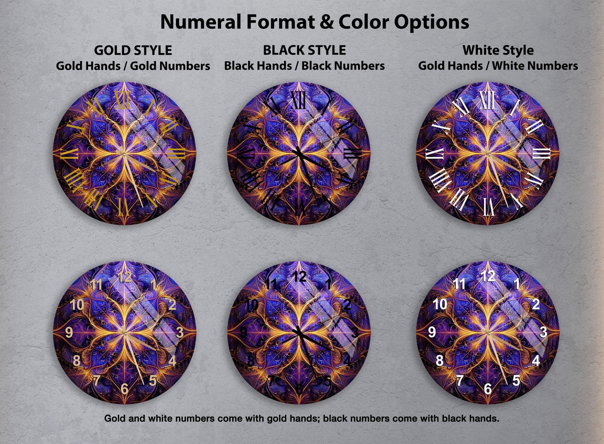a set of four clocks with different designs on them