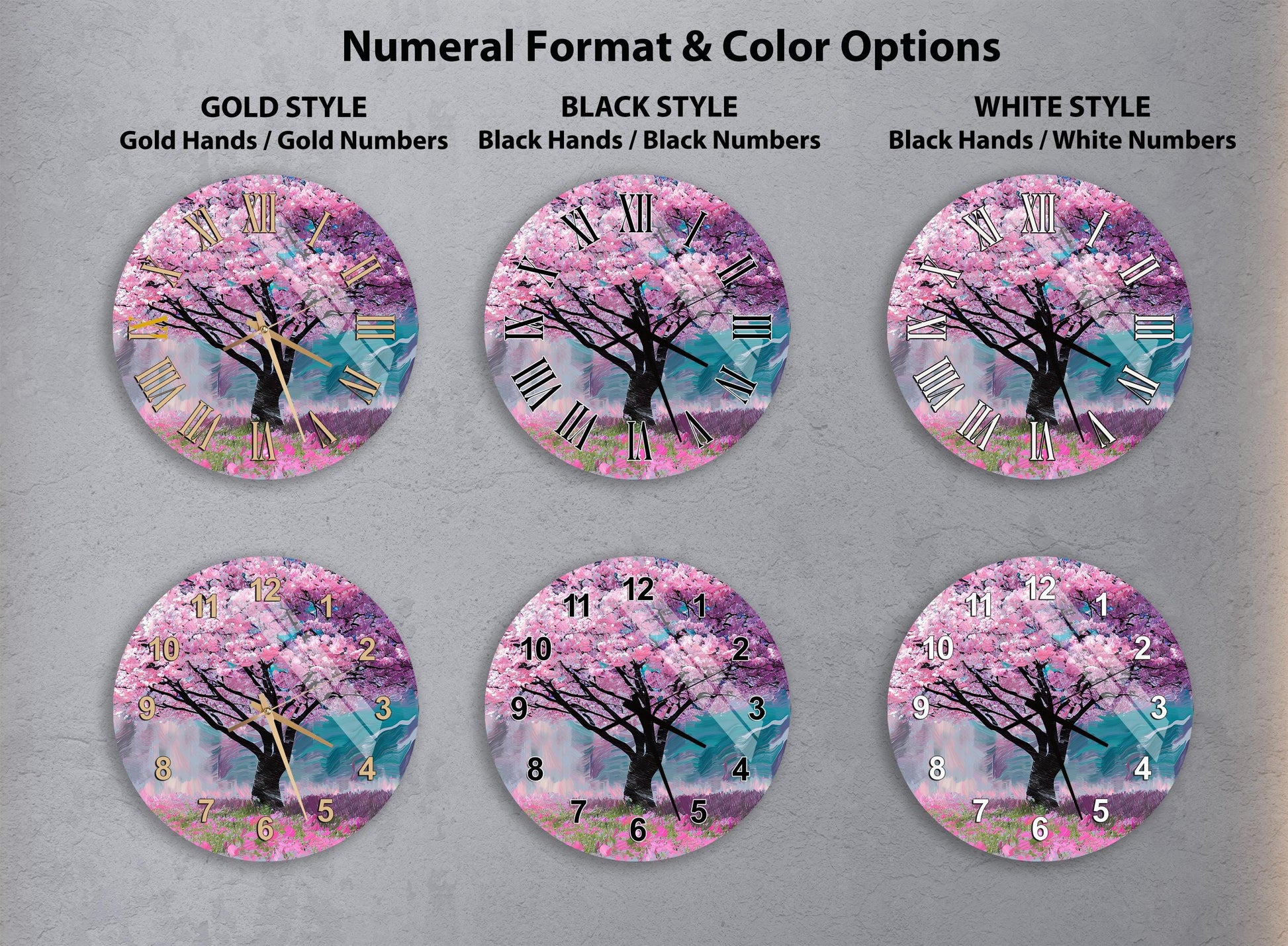 a collection of six clock faces, each with a different color and style, featuring a tree with pink blossoms. The clocks are arranged in a grid format, with three rows and two columns. The clocks are designed in gold, black, and white styles, and each clock face has a unique design and color scheme.