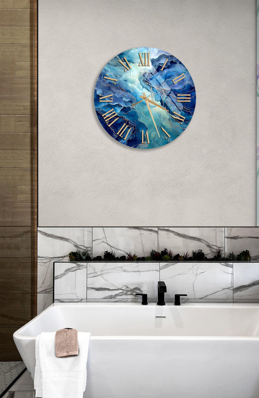 Tempered Glass Wall Clock - Blue Marble Abstract Art | Modern Decorative Clock