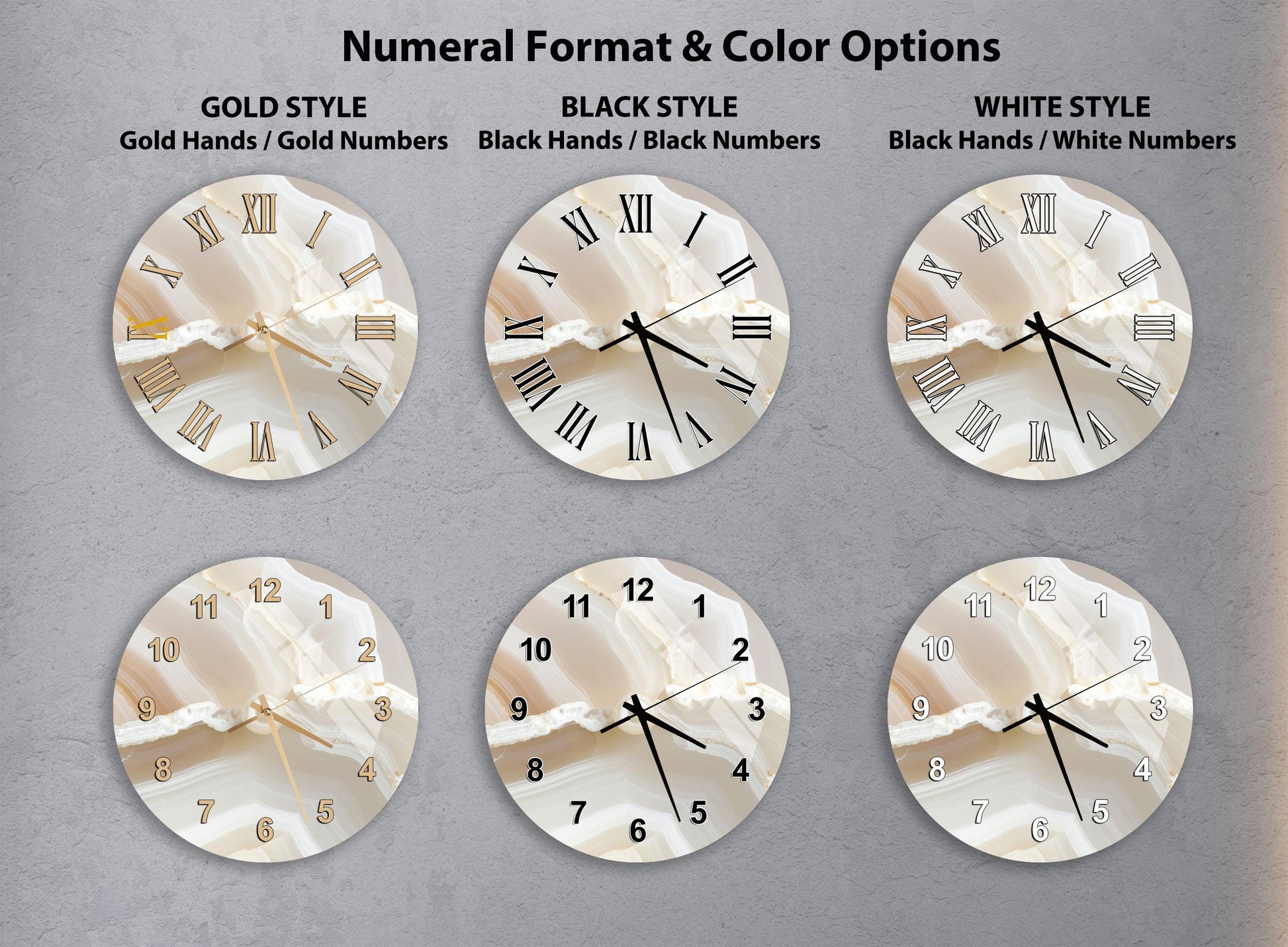 a collection of six different wall clocks, each with a unique style and color option. The clocks are arranged in a grid format, with two clocks in each row and two columns. The clocks feature various styles, including gold hands, gold numbers, black hands, black numbers, white hands, and white numbers. The image does not contain any text, and the clocks are arranged in a visually appealing manner.