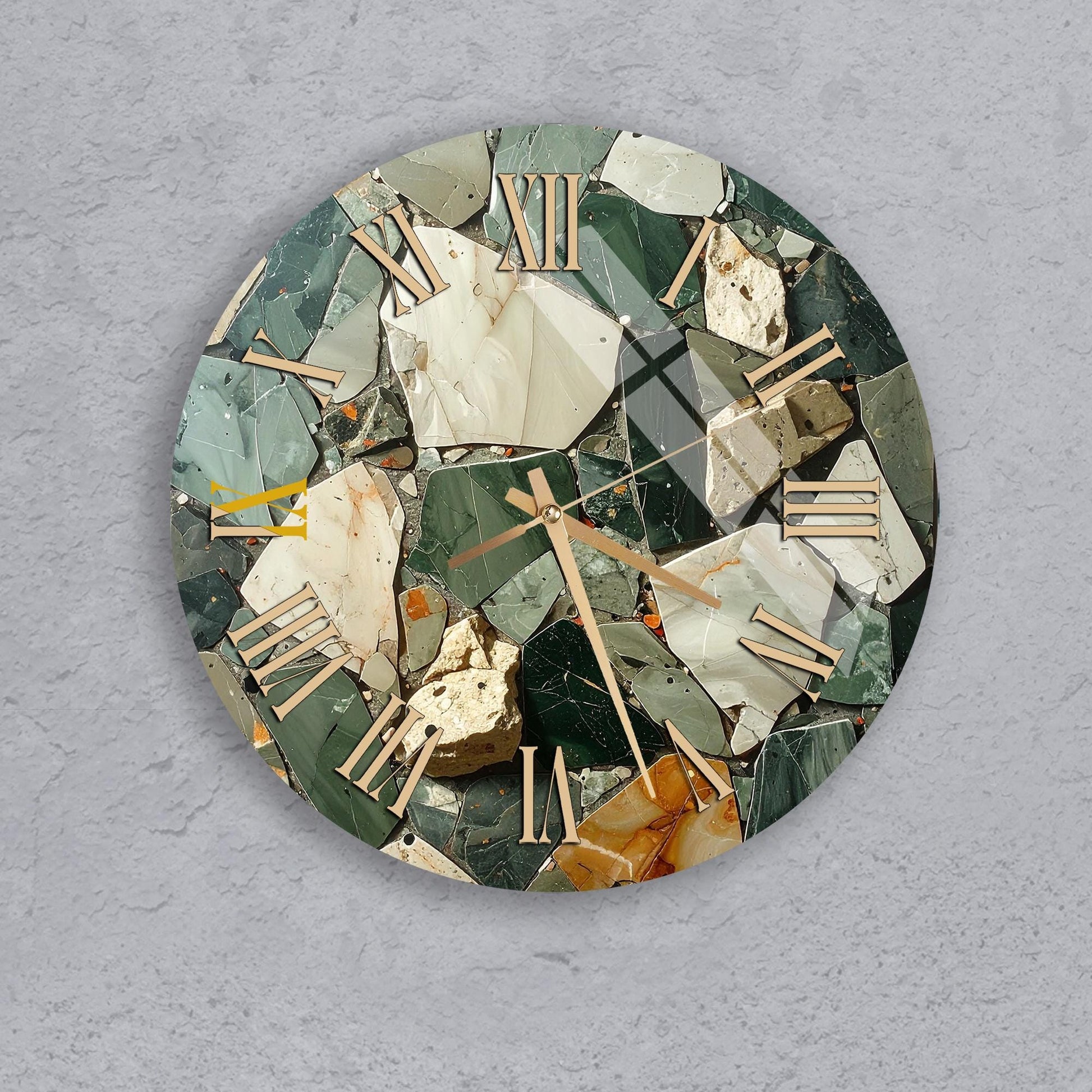 a clock with a mosaic-like design made up of various materials, including rocks, glass, and other natural elements.