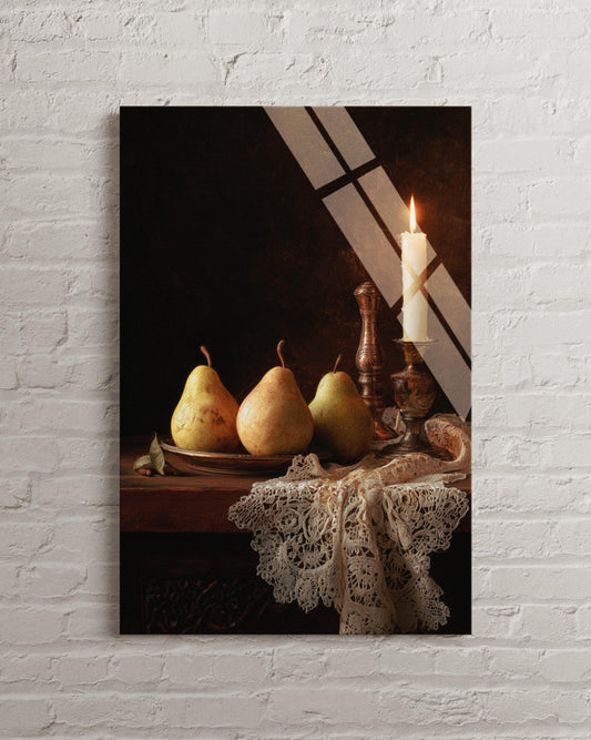 Tempered Glass Wall Art - Moody Still Life Painting | Vintage Pear & Candle Print