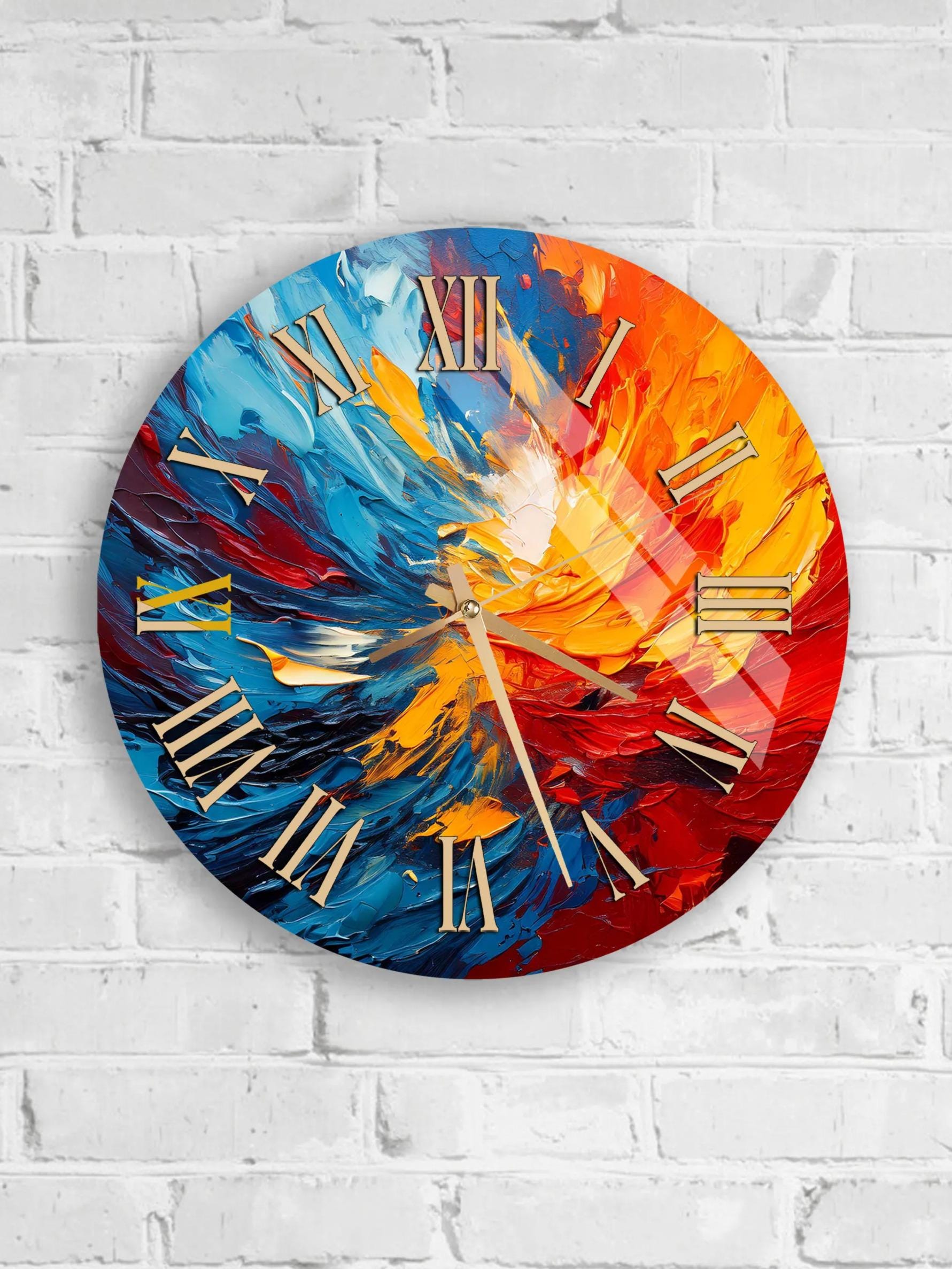 six colorful, abstract wall clocks with vibrant swirls and patterns on their faces, mounted on a white brick wall.