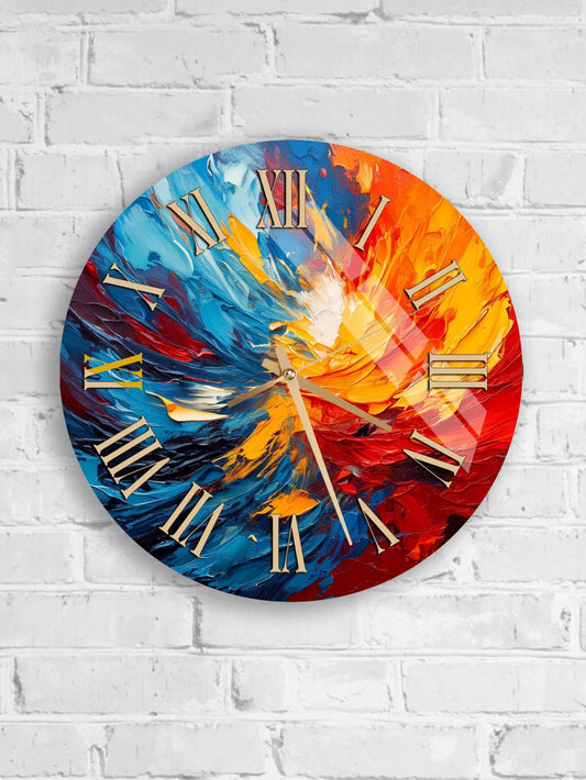 six colorful, abstract wall clocks with vibrant swirls and patterns on their faces, mounted on a white brick wall.