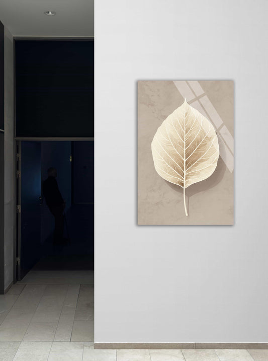 Beige Leaf Wall Art – Minimalist Nature Decor | Tempered Glass Botanical Print