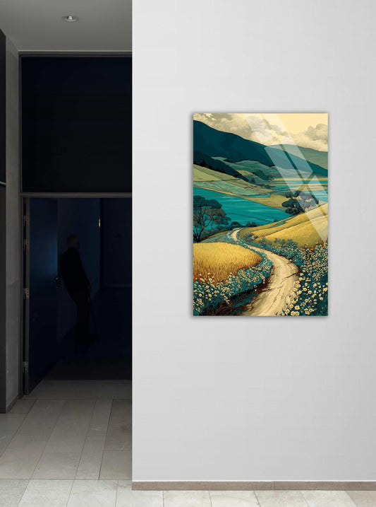 Tempered Glass Wall Art - Mountain Path Art with Wildflower Landscape & Lake View