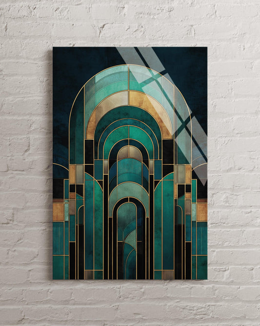 Art Deco Glass Wall Art – Emerald Green Geometric Arches Tempered Glass Panel