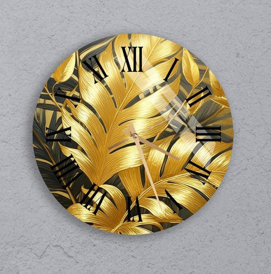 Gold Wall Clock - Tempered Glass Clock With Elegant Gold Leaves Floral Design