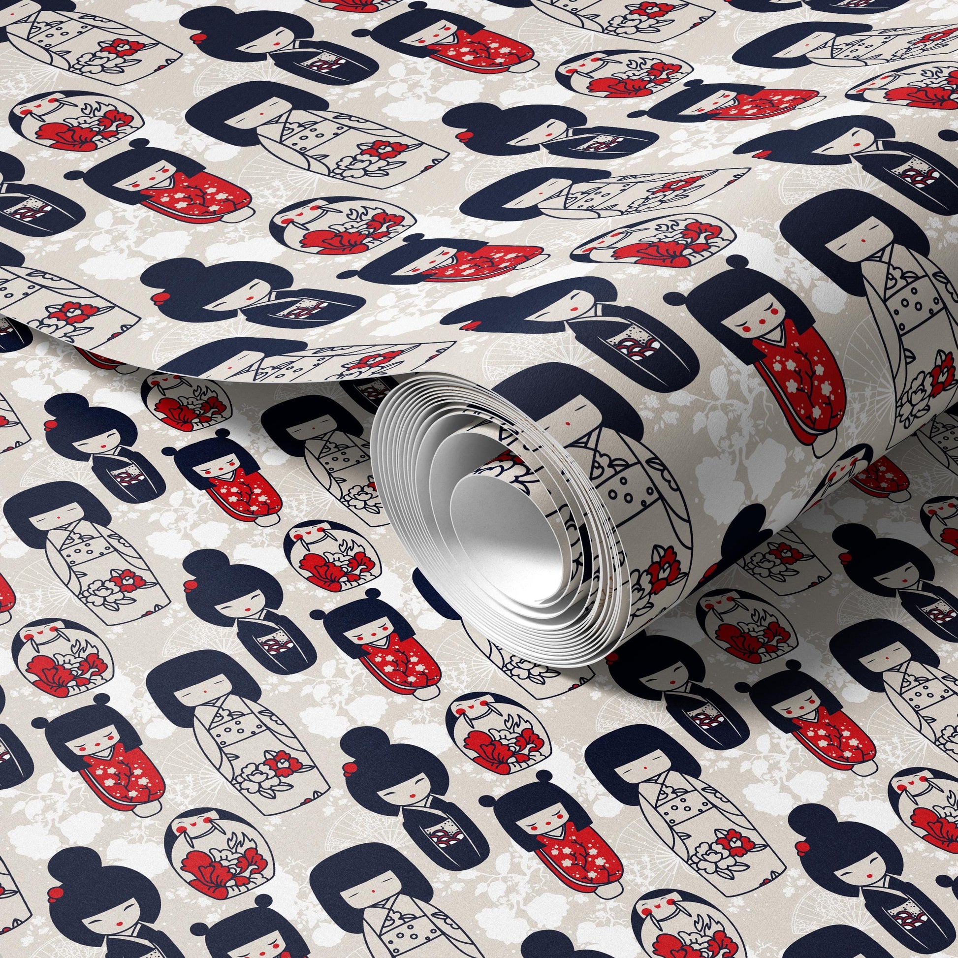 a repeating pattern of black and white kimonos with red accents, creating a visually striking and intricate design.