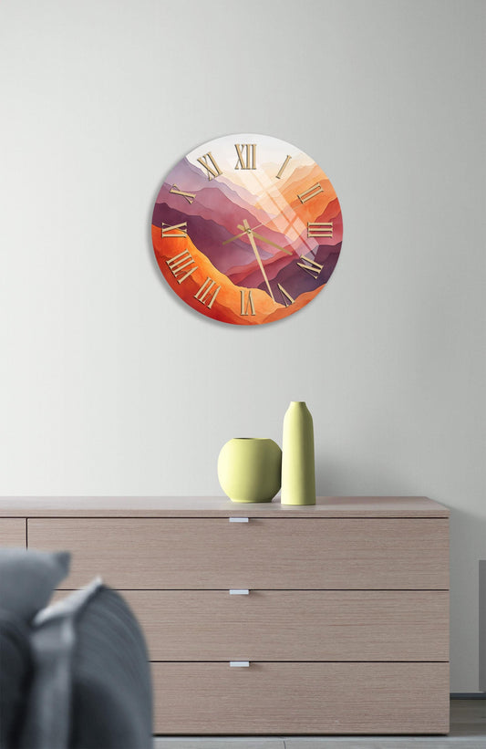Tempered Glass Wall Clock - Colorful Abstract Mountain Art, Silent & Scratch Resistant