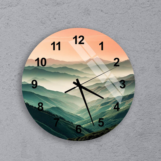 a clock on a wall with a view of mountains