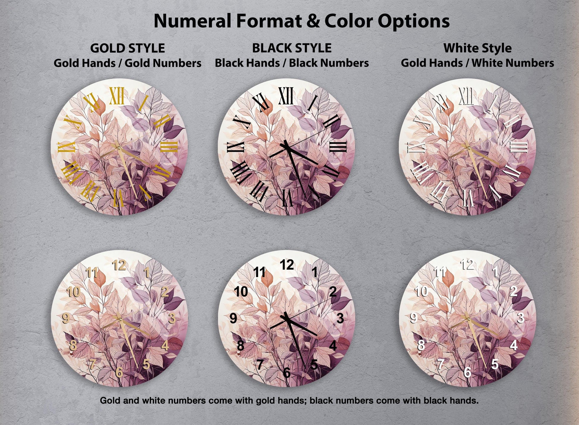 a set of four clocks with flowers painted on them