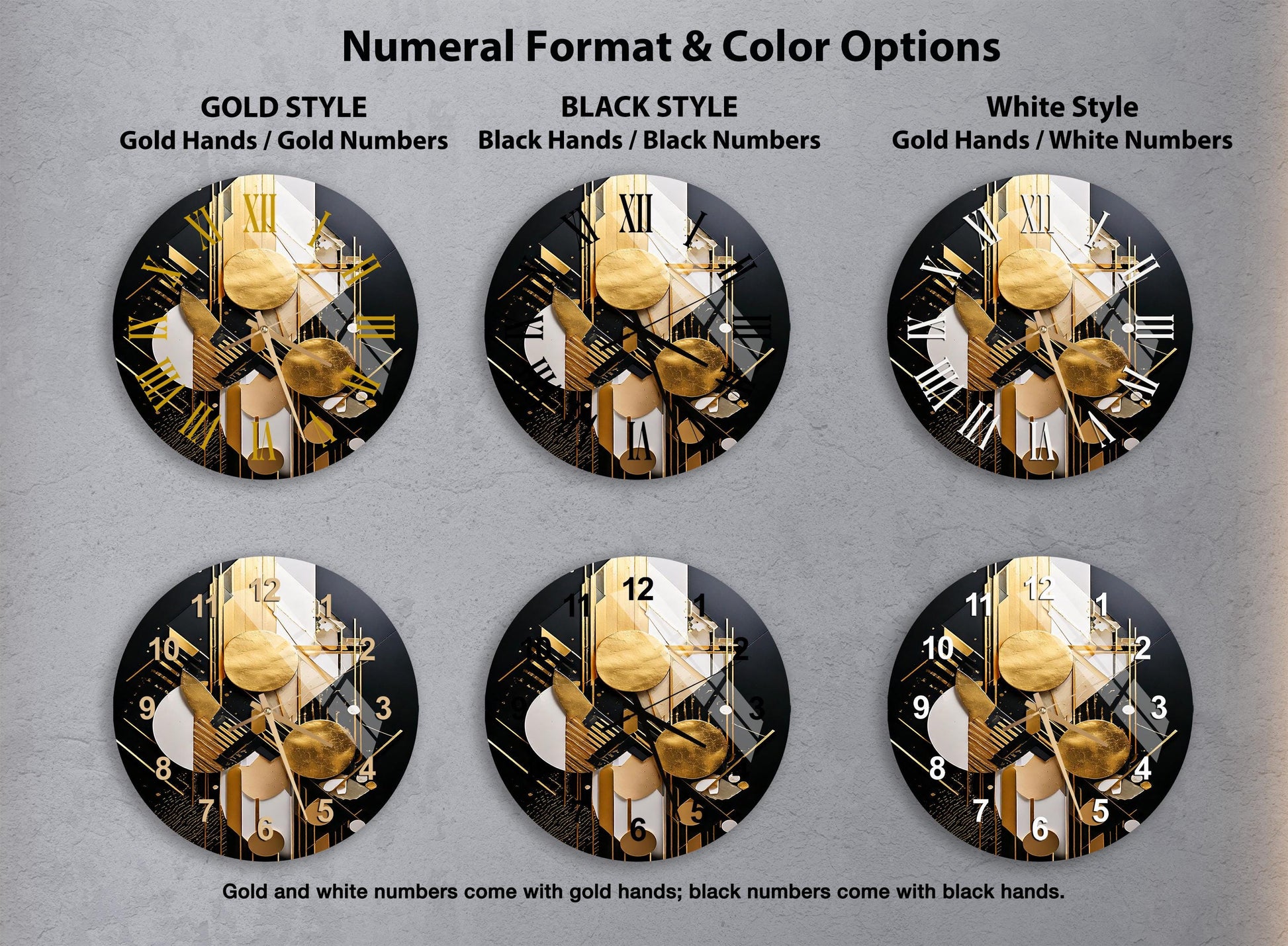 a set of four black and gold wall clocks