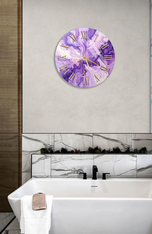 Tempered Glass Wall Clock - Purple Abstract Design With Gold Accents, Modern Art